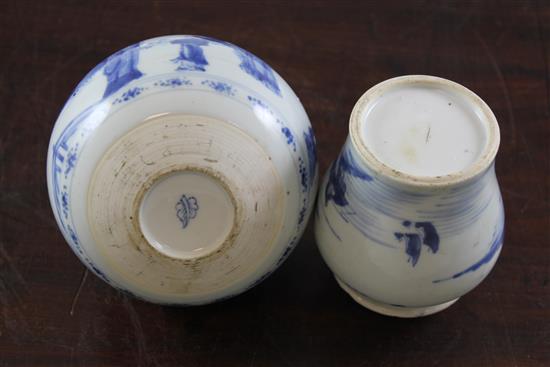 A Chinese blue and white huqqa base and a similar opium pipe base, Kangxi period, 12cm., rim chips